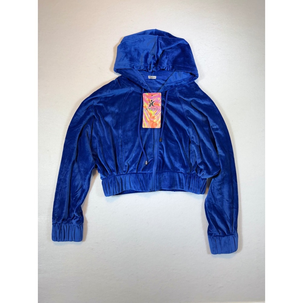 KYOYO Blue Velour Zip Up Hoodie Crop Top Jacket Soft Cozy 4-Way Stretch